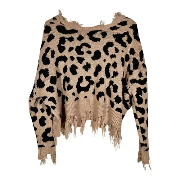 Polly & Esther Pullover Sweater Size M Leopard Print Fringe Cropped - Picture 2 of 6